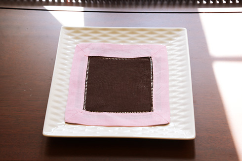Multicolor Hemstitch cocktail napkin 6". Chocolate & Light Pink - Click Image to Close